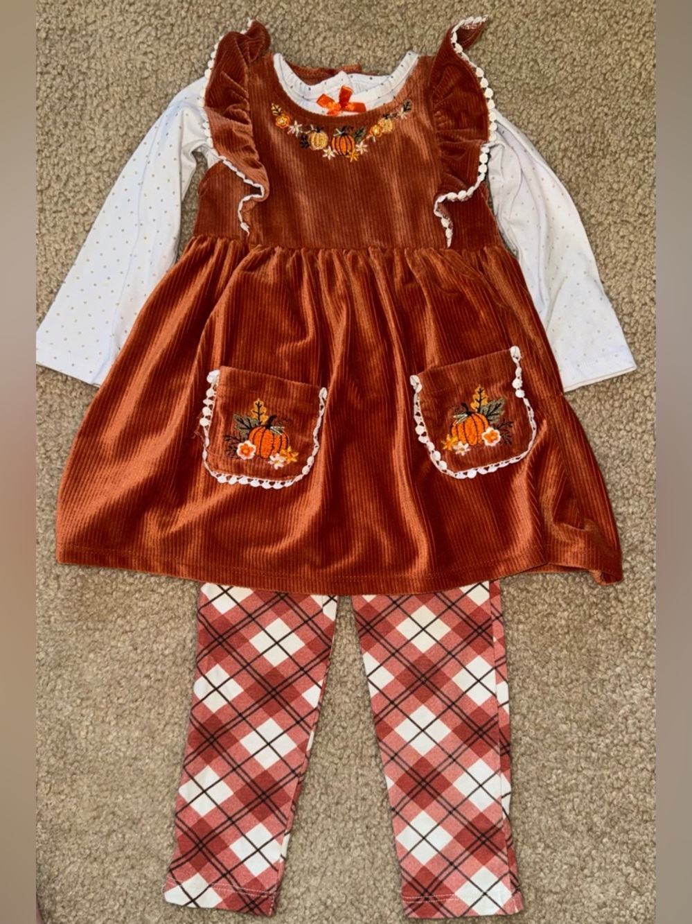 Toddler Girls Rust Corduroy Pumpkin Dress Set with Plaid Leggings
